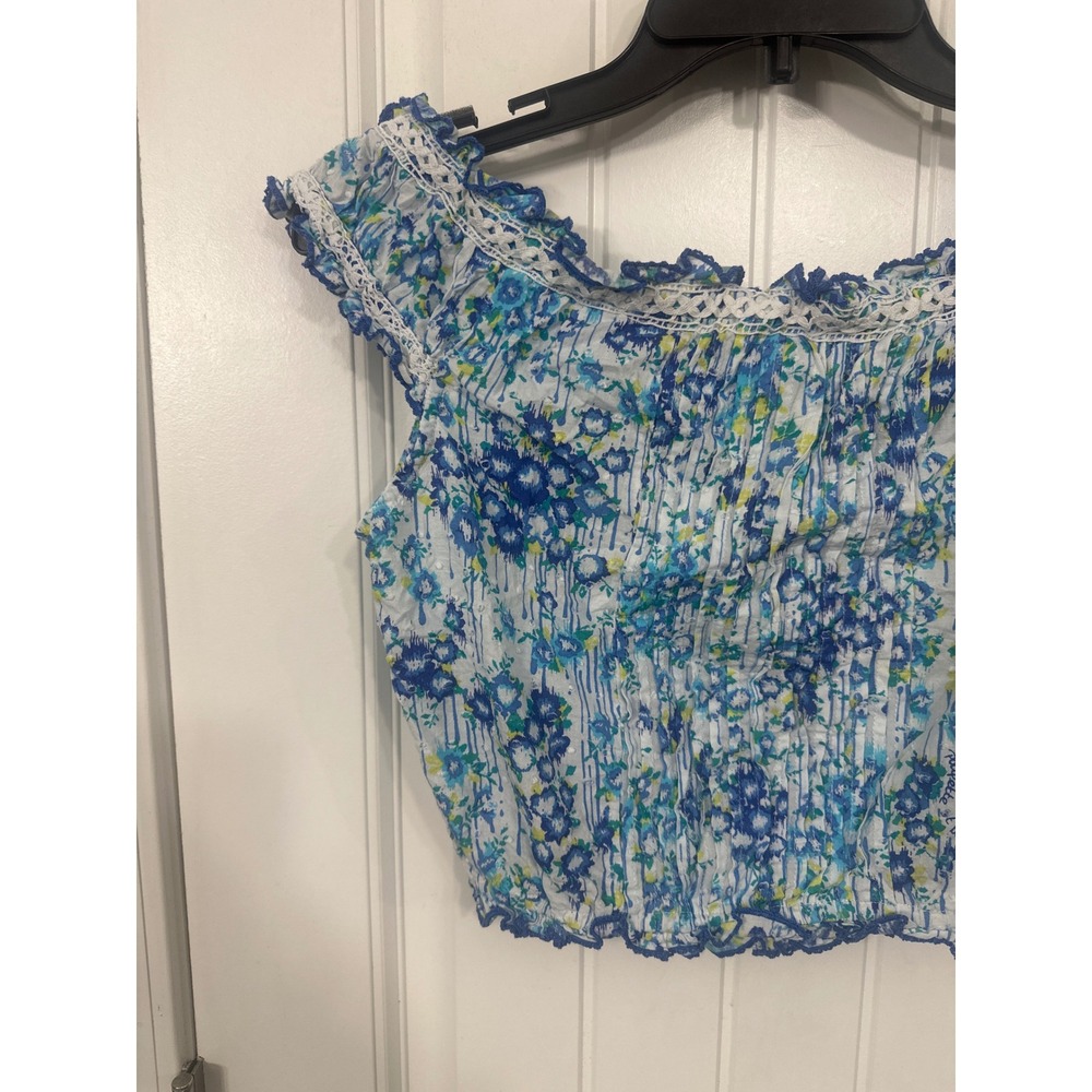 Poupette St Barth Blue Floral Off Shoulder Crop Top Button Front Lace Trim Small - Picture 7 of 8